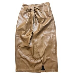 NWT Nordstrom Open Edit Faux Leather Twist Front Midi Skirt Tan Brown Size Small